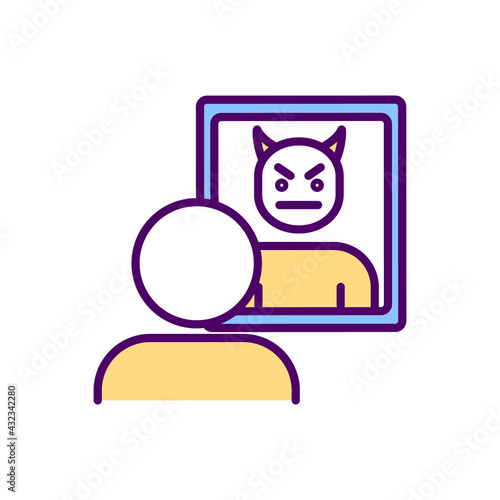 Self-critical behavior RGB color icon. Distorting self-image. Being critical about itself. Low self-esteem. Negative emotions experience. Confidence lack. Mental health. Isolated vector illustration