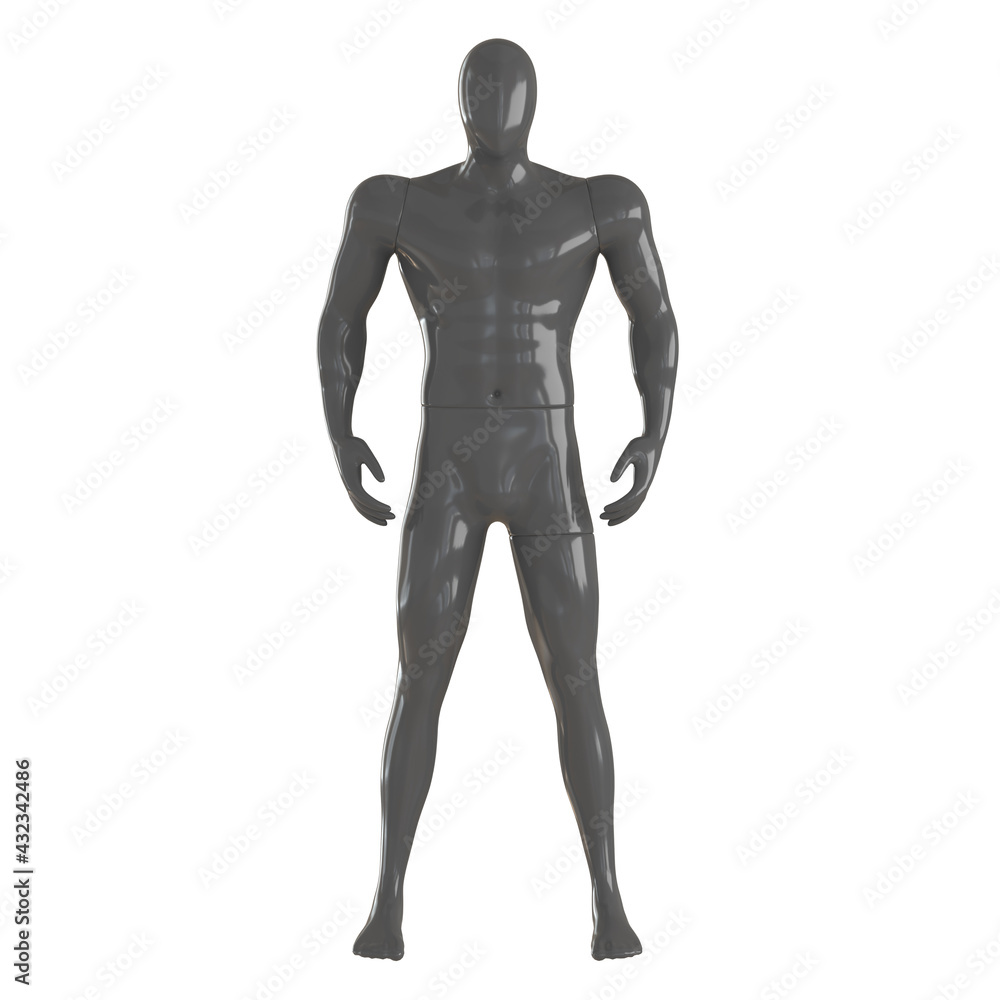 A gray male broadshouldered mannequin stands on an isolated background. Front view. 3d rendering A gray male broadshouldered mannequin stands on an isolated background. Front view. 3d rendering
