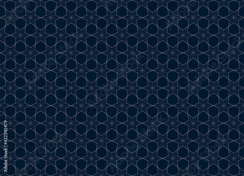 Abstract . Sashiko seamless pattern. line white on indigo background. design for pillow, print, fashion, clothing, fabric, gift wrap.  Vector.