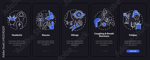 Air pollution disease onboarding mobile app page screen with concepts. Migraine, allergy walkthrough 5 steps graphic instructions. UI, UX, GUI vector template with linear night mode illustrations