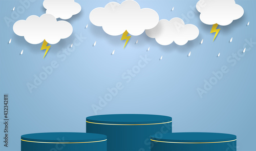 Rainy season theme product display podium. Design with clouds and raining drops on blue sky background. paper art style. vector.