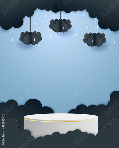 Rainy season theme product display podium. Design with clouds and raining drops on blue sky background. paper art style. vector.