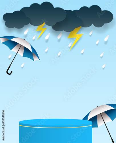 Rainy season theme product display podium. Design with clouds and raining drops on blue sky background. paper art style. vector.