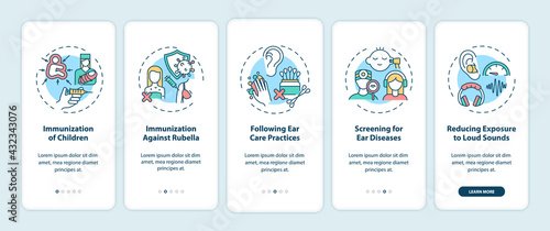 Hearing loss prevention onboarding mobile app page screen with concepts. Immunization, hygiene walkthrough 5 steps graphic instructions. UI, UX, GUI vector template with linear color illustrations