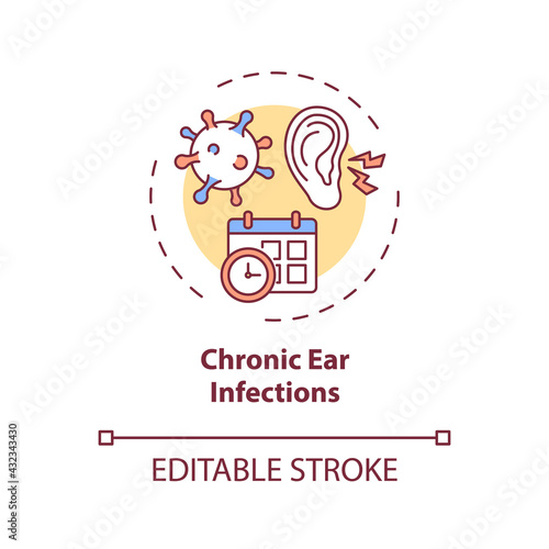 Chronic ear infections concept icon. Hearing loss cause idea thin line illustration. Affecting auditory nerve. Otitis media. Fluid buildup. Vector isolated outline RGB color drawing. Editable stroke