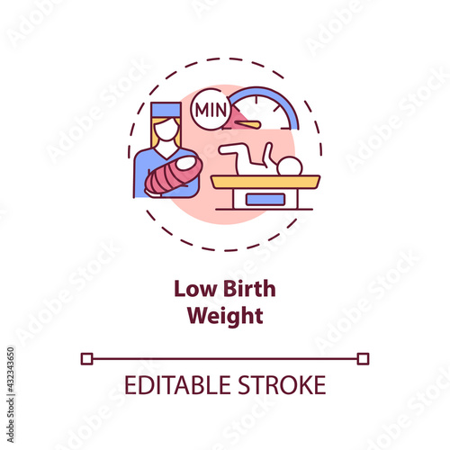 Low birthweight concept icon. Congenital hearing loss cause idea thin line illustration. Baby tiny body. Increased disabilities risk. Vector isolated outline RGB color drawing. Editable stroke