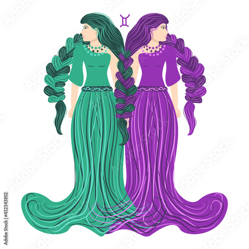Zodiac, zodiac sign illustration as a beautiful girl with braids. Vintage zodiac boho style fashion illustration