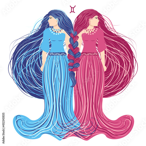 Zodiac, zodiac sign illustration as a beautiful girl with braids. Vintage zodiac boho style fashion illustration
