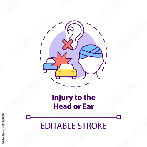 Injury to head and ear concept icon. Acquired hearing loss cause idea thin line illustration. Traumatic brain injuries. Conductive deafness. Vector isolated outline RGB color drawing. Editable stroke