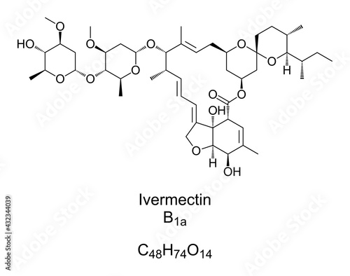 Ivermectin, chemical formula and skeletal structure. The B1a derivative is the main component of Ivermectin, a medication used to treat many types of parasite infestations. Antiparasitic agent. Vector