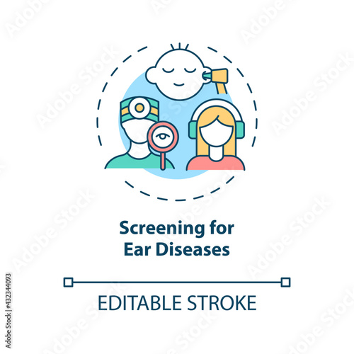 Screening for ear diseases concept icon. Hearing loss prevention idea thin line illustration. Examination for hearing impairment. Vector isolated outline RGB color drawing. Editable stroke