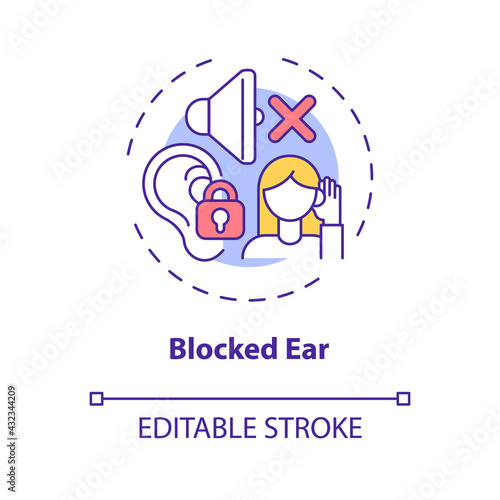 Blocked ear concept icon. Top ear condition idea thin line illustration. Clogged, muffled sensation. Ringing, buzzing. Earwax buildup. Vector isolated outline RGB color drawing. Editable stroke