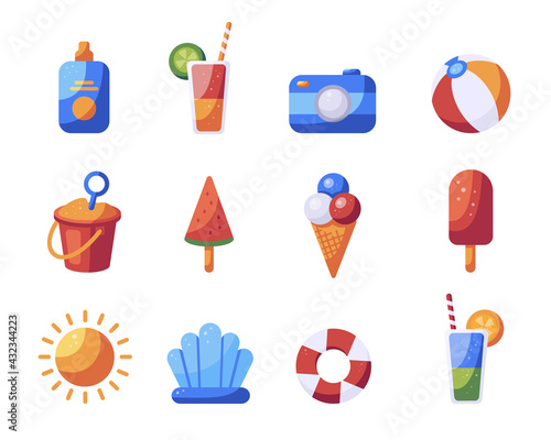 Vector cartoon illustration of beach icons.