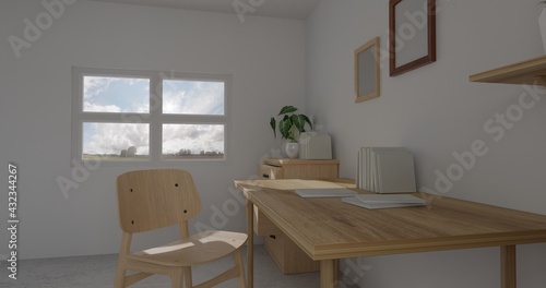 3d render interior room. minimal style design. working desk. home interior design. template for website, wallpaper, and mockup. © SeemaLotion