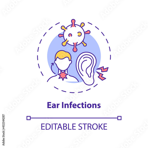 Ear infections concept icon. Acute otitis media idea thin line illustration. Difficulty hearing. Bacterial and viral infection causes. Vector isolated outline RGB color drawing. Editable stroke