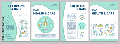 Ear health and care brochure template. Deafness prevention. Flyer, booklet, leaflet print, cover design with linear icons. Vector layouts for presentation, annual reports, advertisement pages