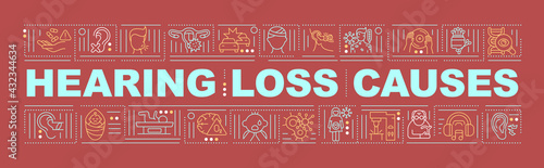 Hearing loss causes word concepts banner. Brain injury. Permanent deafness. Virus, disease. Infographics with linear icons on red background. Isolated typography. Vector outline RGB color illustration