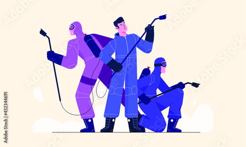 Disinfection team of three male characters making cleaning services 