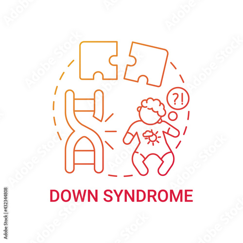 Down syndrome red gradient concept icon. Developmental delays in children. Baby with disability. Genetic disease idea thin line illustration. Vector isolated outline RGB color drawing