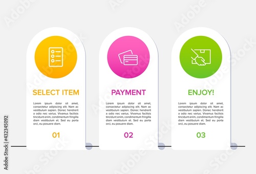 Concept of shopping process with 3 successive steps. Three colorful graphic elements. Timeline design for brochure, presentation, web site. Infographic design layout.