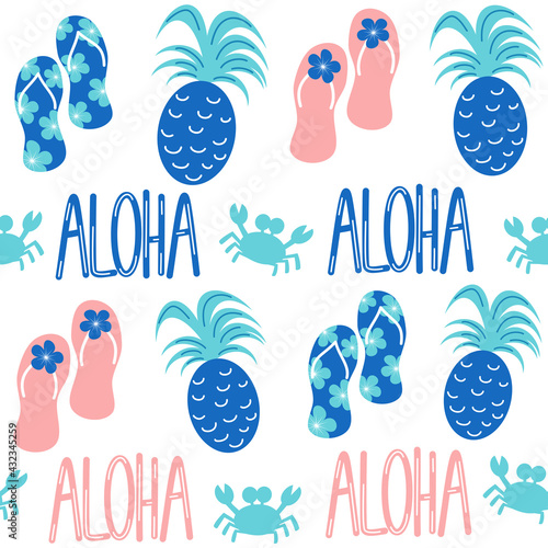 cute lovely seamless vector pattern background illustration with pineapples, crabs, flip flop and aloha word