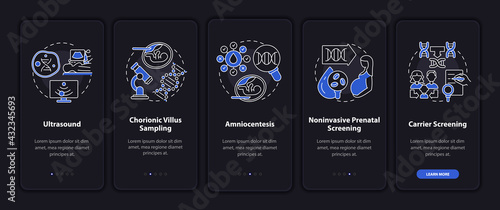 Genetic diseases testing onboarding mobile app page screen with concepts. Diagnostics walkthrough 5 steps graphic instructions. UI, UX, GUI vector template with linear night mode illustrations