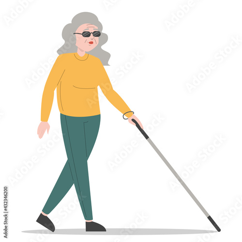 Old blind woman walking with a cane vector isolated. Female character in sunglasses with stick. Concept of people with disabilities. Impaired person