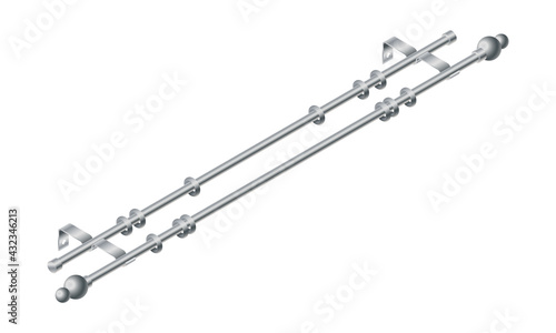 Vector illustration cornice for curtains isolated on white background. Realistic metal curtain rod  and accessories icon in flat cartoon style. New curtain pole with rings for interior design.