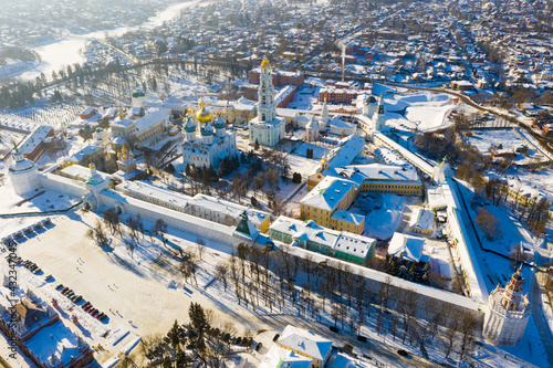 Aerial view on winter day of unique monastic complex of Trinity Lavra of St. Sergius, Sergiev Posad, Russia.