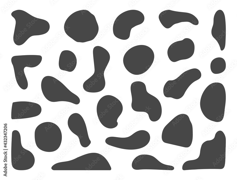 Organic shapes set. Irregular blob. Random oval, round stain. Black liquid silhouette. Smooth drip. Simple blotch. Modern minimal paint. Art design element. Vector illustration