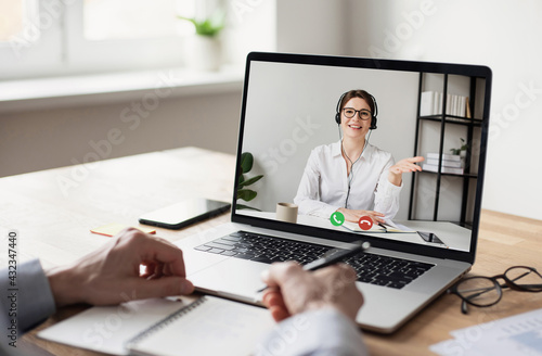 Meeting online. Man and woman having discussion or web conference chat, Work or study from home, freelance, online video conferencing, web chat meeting, distance education, teaching online concept