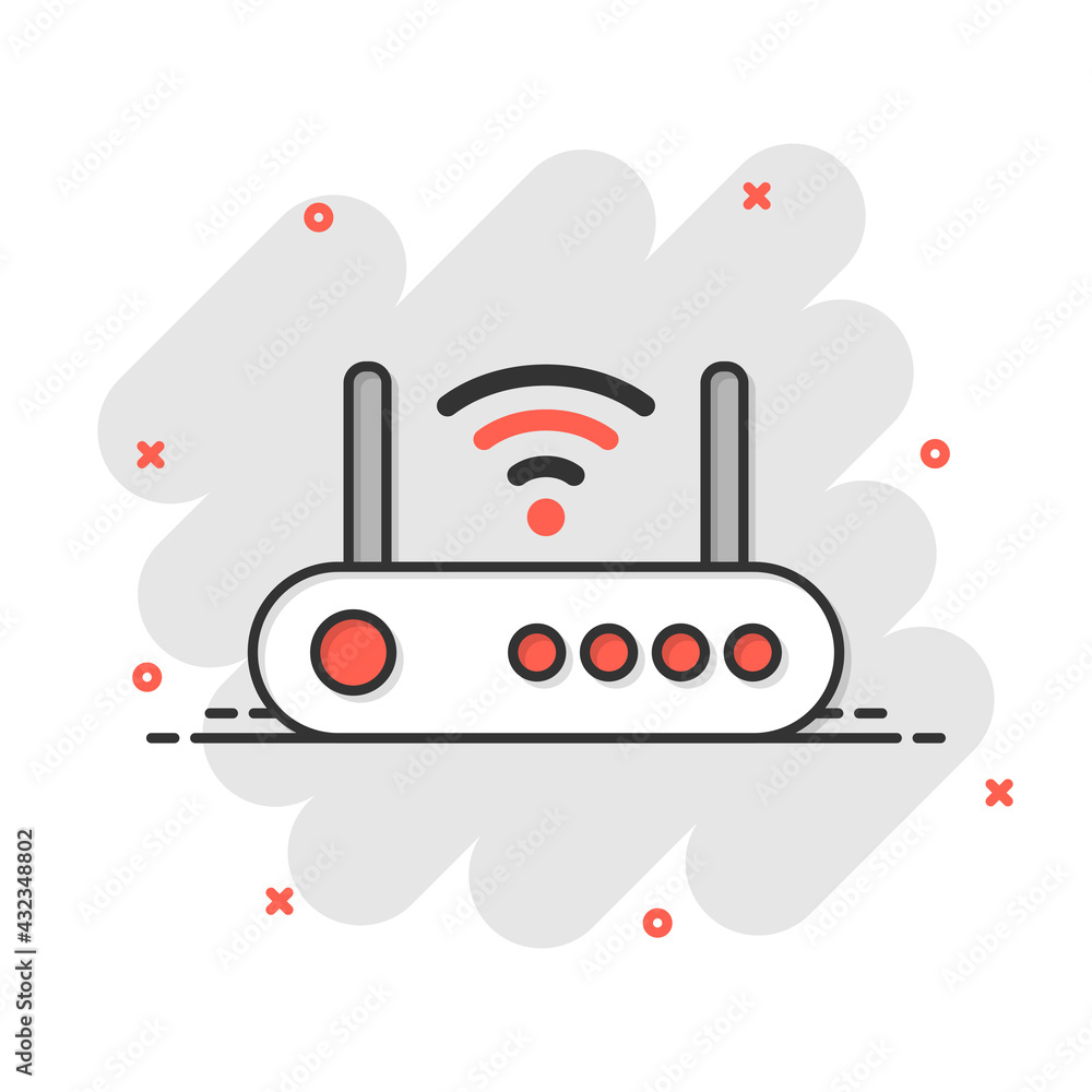 Wifi router icon in comic style. Broadband cartoon vector illustration on white isolated background. Internet connection splash effect business concept. Wifi router icon in comic style. Broadband cartoon vector illustration on white isolated background. Internet connection splash effect business concept.