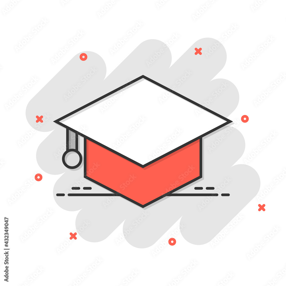 Graduation hat icon in comic style. Student cap cartoon vector illustration on white isolated background. University splash effect business concept. Graduation hat icon in comic style. Student cap cartoon vector illustration on white isolated background. University splash effect business concept.