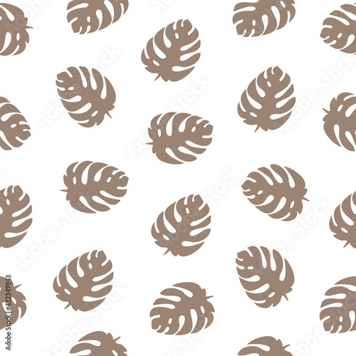 Brown monstera leaves on white background, tropical seamless pattern. Trendy summer style, vector illustration