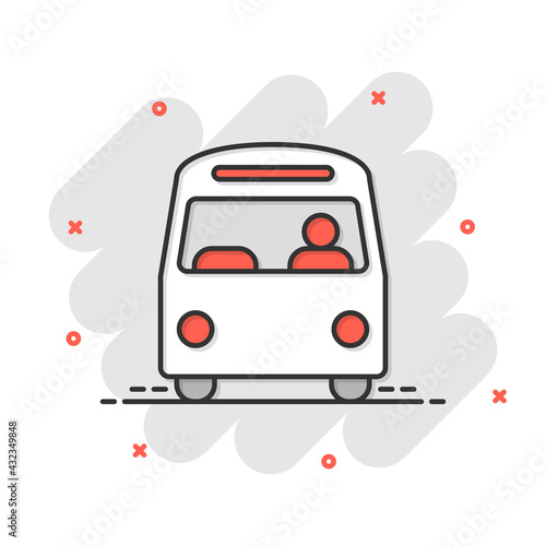 Bus icon in comic style. Coach cartoon vector illustration on white isolated background. Autobus vehicle splash effect business concept.