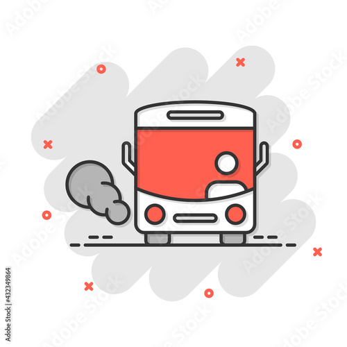 Bus icon in comic style. Coach cartoon vector illustration on white isolated background. Autobus vehicle splash effect business concept.