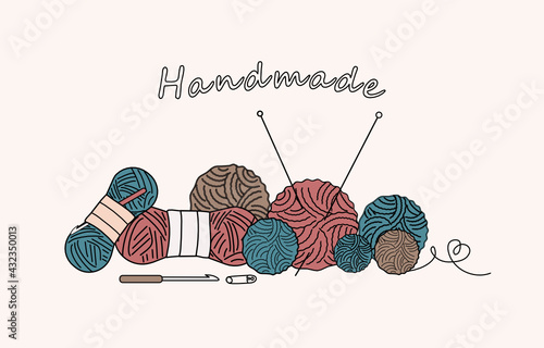 Threads and knitting needles. Balls and skeins of wool. Vector graphics. Isolated background.