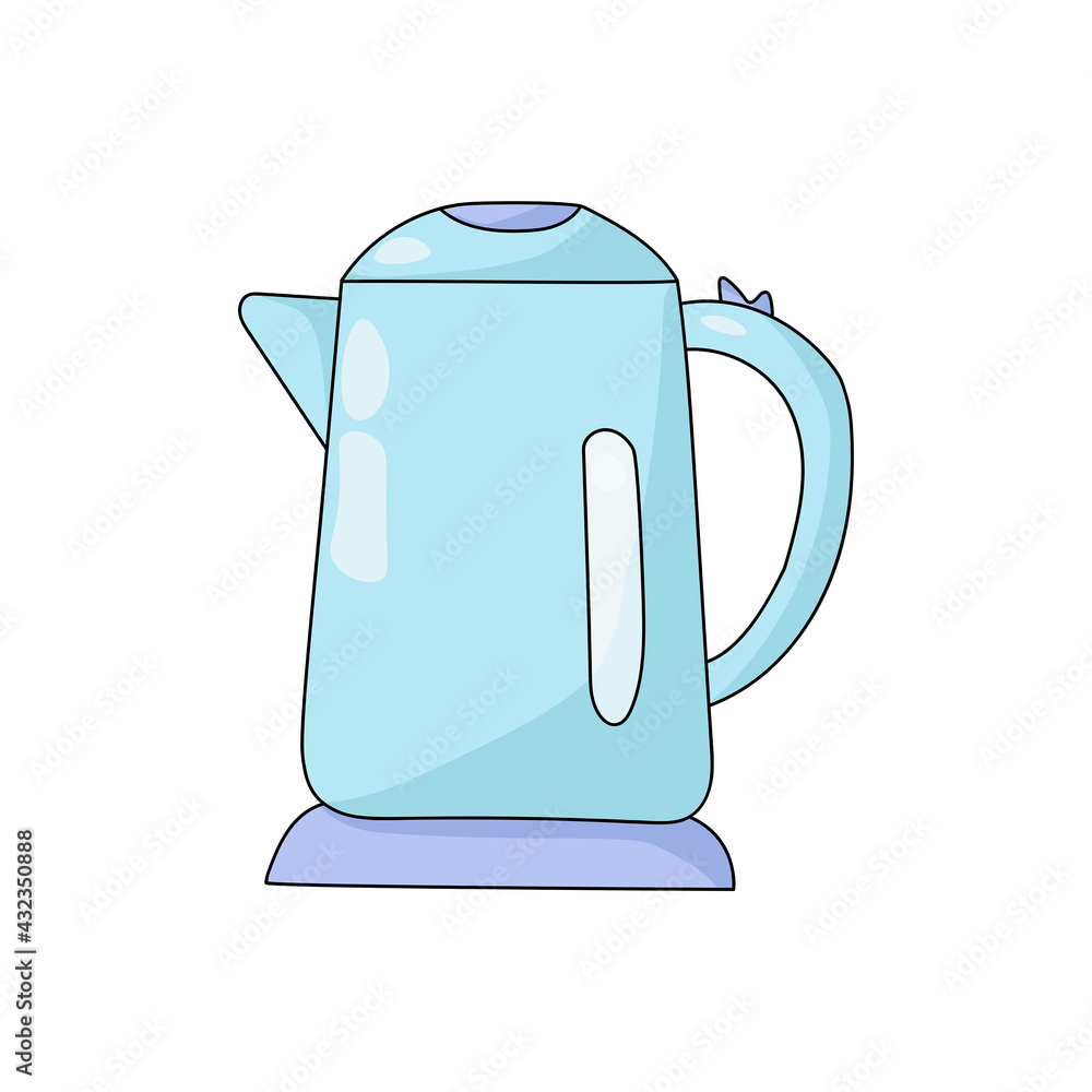 Electric kettle in cartoon style, kitchen appliance in gentle blue color Electric kettle in cartoon style, kitchen appliance in gentle blue color