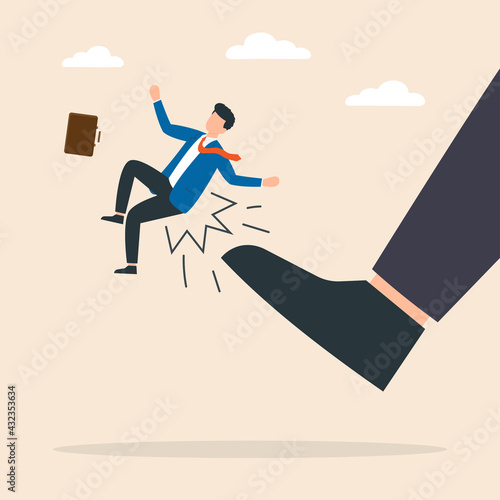 Man being kicked by boss. Kicked employees out of the company.