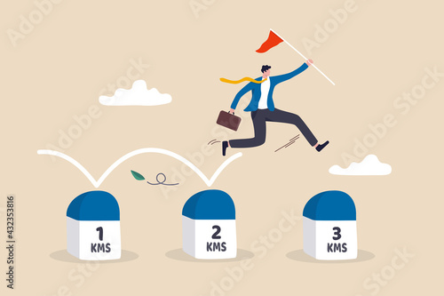 Project milestone to progress toward business goal, journey or execution to achieve business success concept, skillful businessman holding success flag jumping on milestones reaching target.