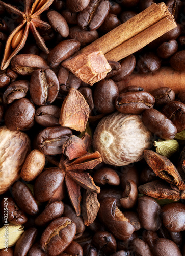 Close up picture of coffee beans, anise, cinnamon stick, cardamom pods and nutmeg, selective focus.