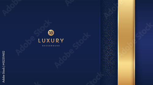 Dark blue and gold vertical rectangle shapes on background with glowing golden striped lines and glitter. Luxury and elegant. Abstract template design. Design for presentation, banner, cover.