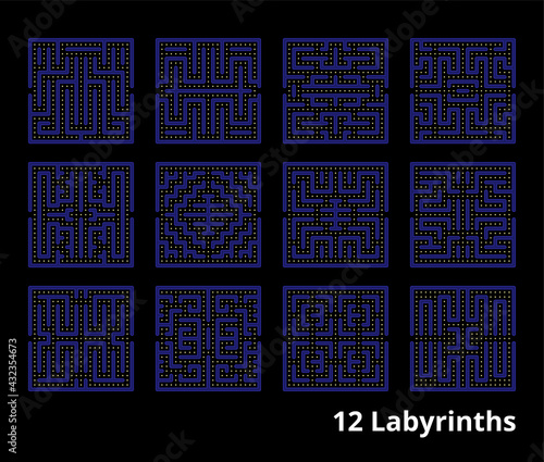 Set of 12 mazes for video games. Vintage 2D retro labyrinths with coins for a man. Vector photo
