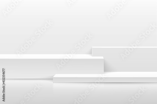 Modern white and grey cube pedestal podium. Geometric steps platform. White minimal wall scene. Vector rendering 3d shape for Product display presentation. Abstract studio room concept. EPS10 vector.