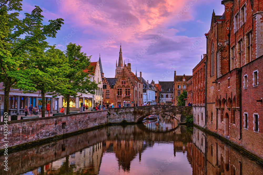 Evening dusk view of Bruges Brugge, Belgium