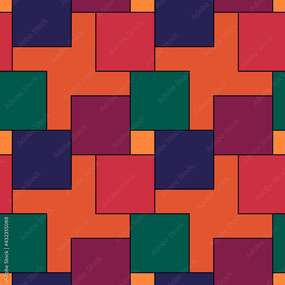 Seamless pattern. Squares, crosses ornament. Repeated color figures background. Checks wallpaper. Mosaic tiles motif. Digital paper, web designing. Square, cross shapes backdrop. Parquet vector.