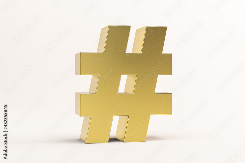 Obraz premium 3D illustration golden hashtag symbol isolated on white background. 3D rendering for advertising.