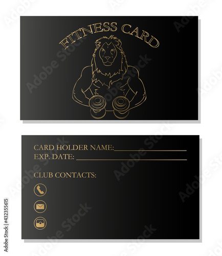 Membership or fitness club card mockup. Vector illustration. Silhouette of a muscular lion with dumbbells.