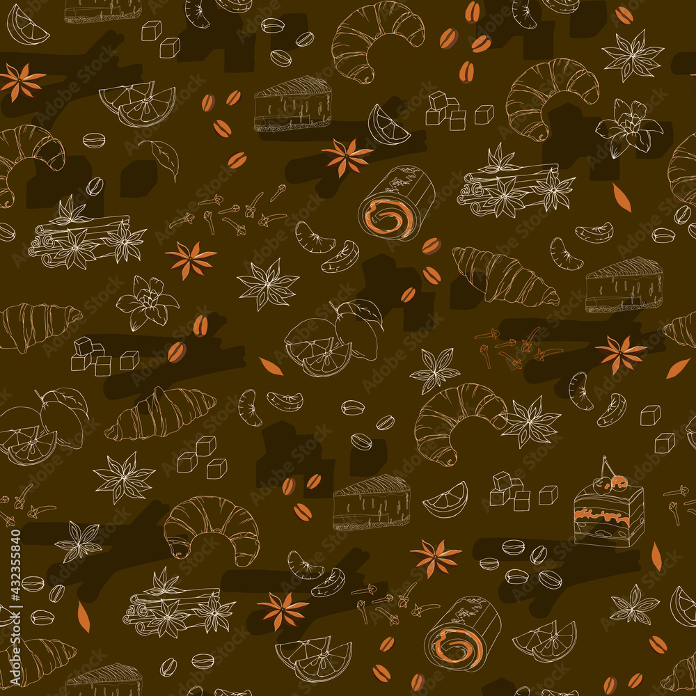 Fototapeta premium Coffee seamless pattern with spices for tea and coffee. Drawn brown finely patterned vector texture.