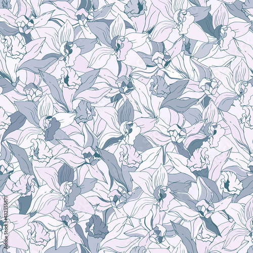 Seamless floral pattern in soft blue color. Drawn flowers of lilies on a white background for fabric, paper and wallpaper.